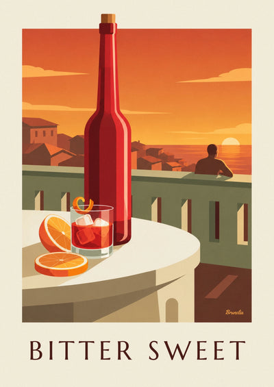Poster Negroni-Cocktail mit Orangenzeste auf einer Terrasse: das ganze Poster