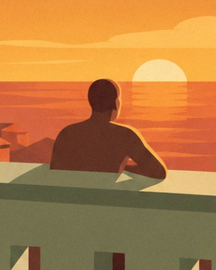 A figure leaning on the terrace railing facing the setting sun over the orange sea