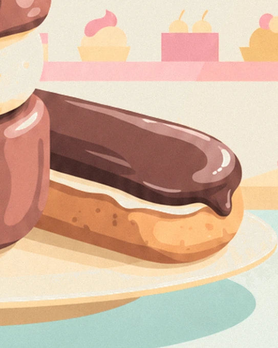 L’éclair au glaçage chocolat brillant sur une assiette aux reflets dorés