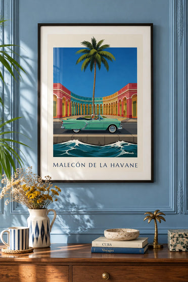 Affiche décapotable vert menthe sur le Malecón de La Havane : encadrée au mur