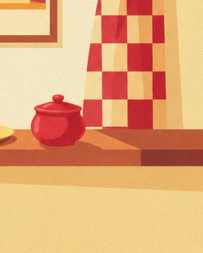 The red ceramic pot on the wooden worktop in front of the checked curtain