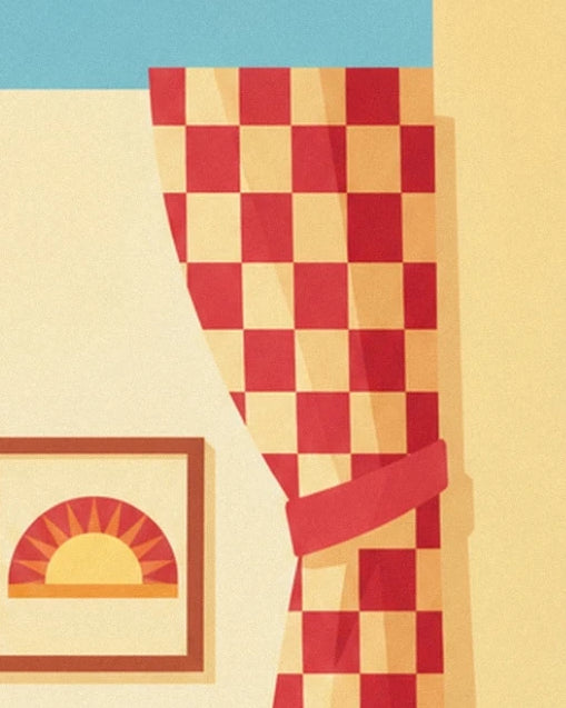 The red and cream checked curtain held by its tieback beside a framed sunrise picture