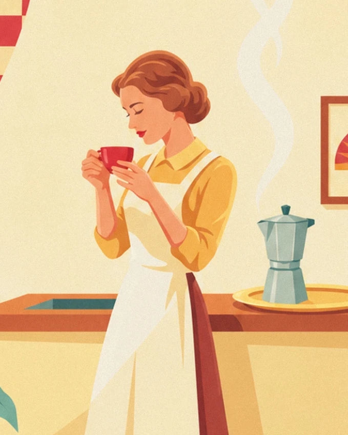 The woman in a white apron enjoying coffee from a red cup, with a moka pot beside her