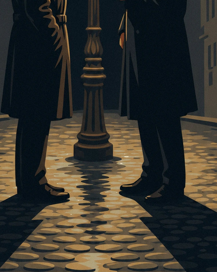 Poster Film-noir-Duell unter einer Straßenlaterne, Regennacht: Detail in Nahaufnahme