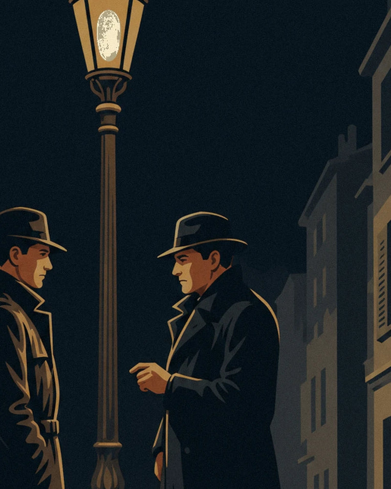 Poster Film-noir-Duell unter einer Straßenlaterne, Regennacht: Detail in Nahaufnahme