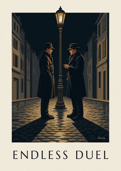 Affiche duel de film noir sous un réverbère, nuit de pluie : l'affiche entière