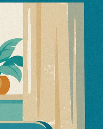 The cream curtains with golden folds beside a green plant in an ochre pot