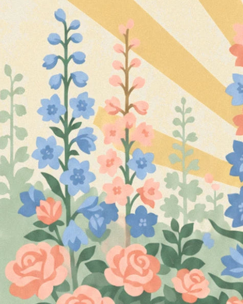 Delphiniums bleus et roses sous des rayons dorés, avec des roses saumon en bas