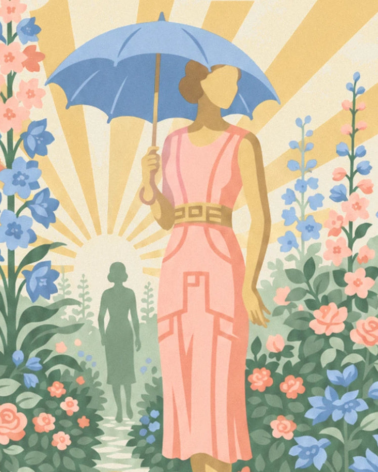 La femme en robe rose sous son parasol bleu, entre delphiniums et roses, face au soleil levant
