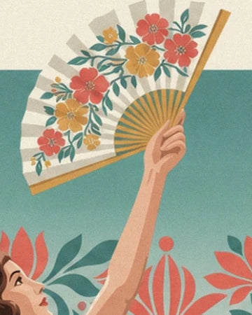 A fan with red and yellow flowers held in a raised hand