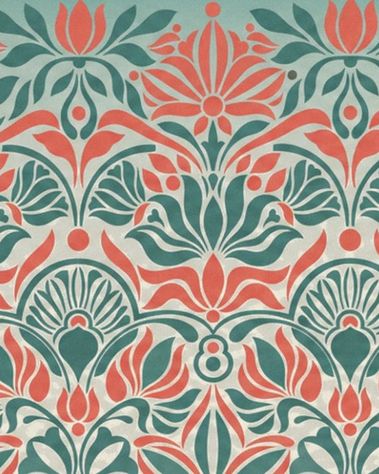 Coral and deep green floral patterns on a cream background