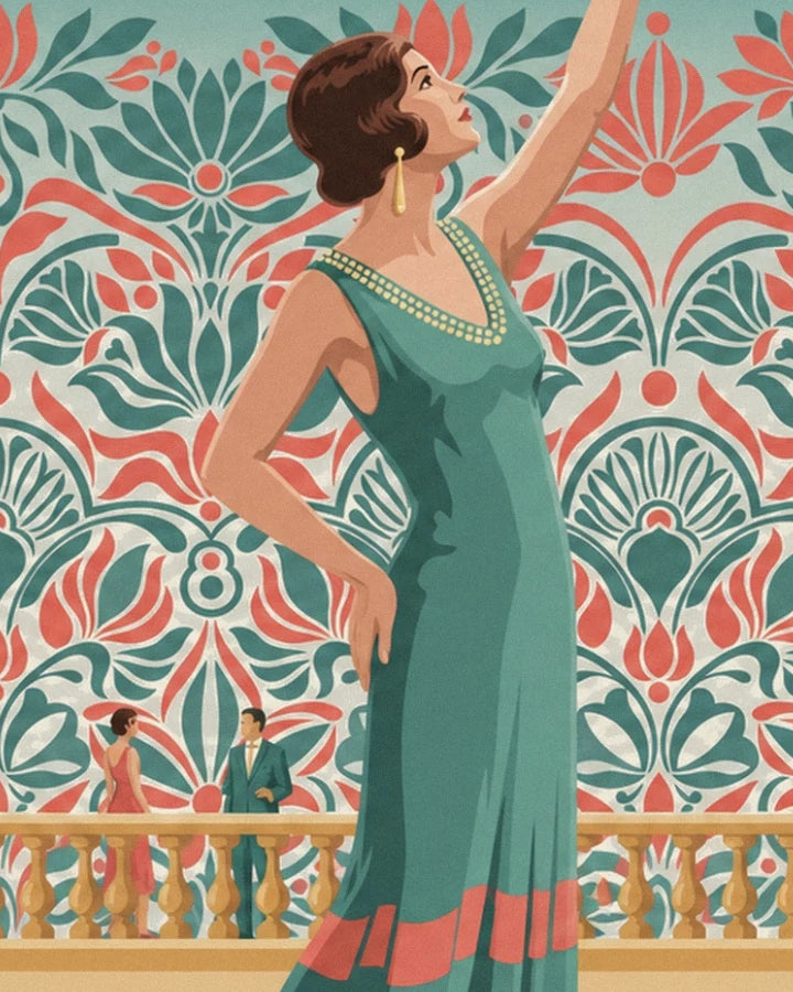 A woman in a sea-green dress edged with coral in front of a golden balustrade