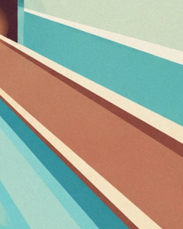 La piste de bowling brune bordée de lignes crème et de surfaces turquoise