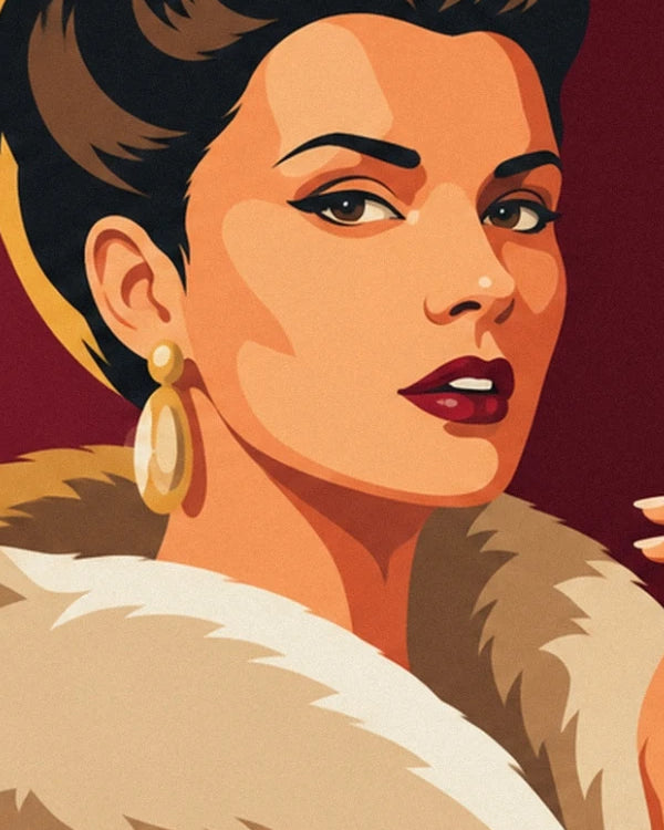 The face with burgundy lips, a gold earring and a cream fur collar