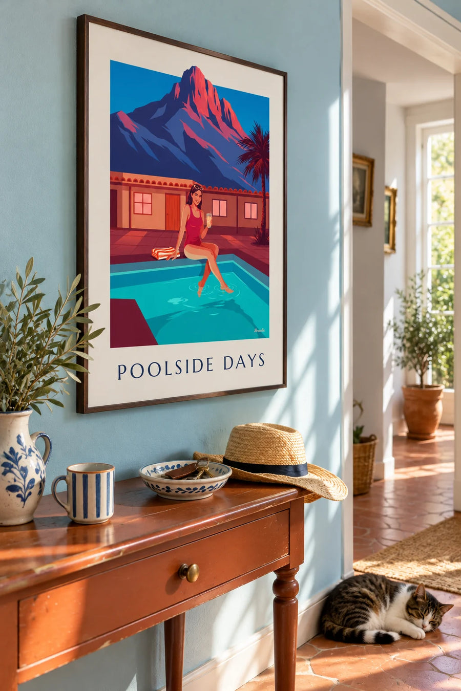 Poster of a woman in a rooftop pool at sunset: framed on the wall