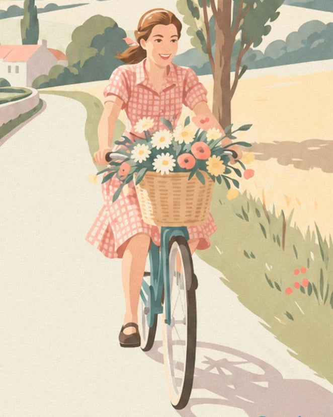 A woman in a pink gingham dress cycling along a country path, with flowers in her basket