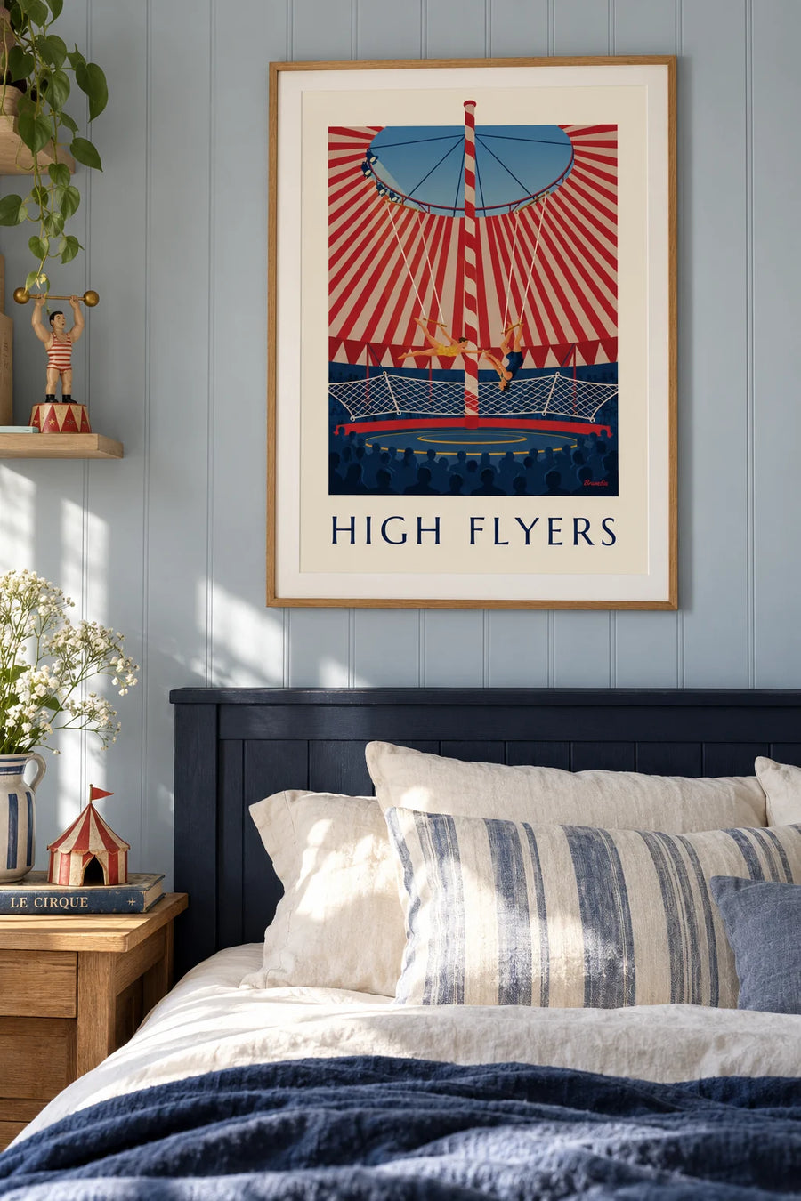 Poster trapezeartiesten onder een gestreepte circustent: ingelijst aan de muur