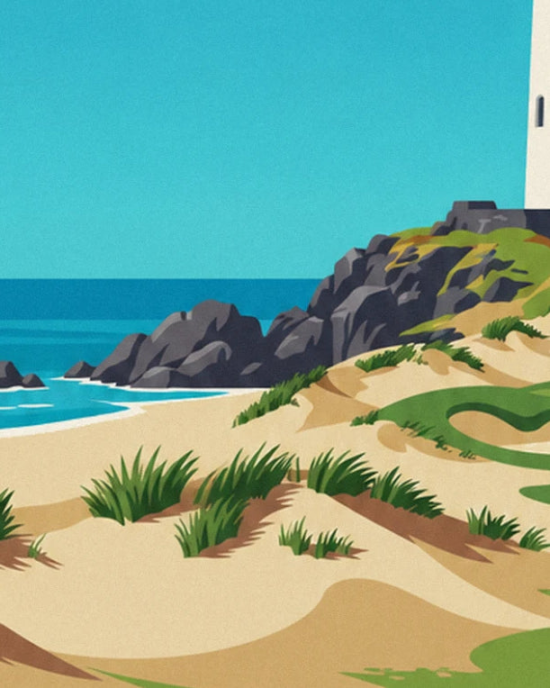 Les rochers sombres qui plongent dans la mer turquoise, et les herbes folles des dunes