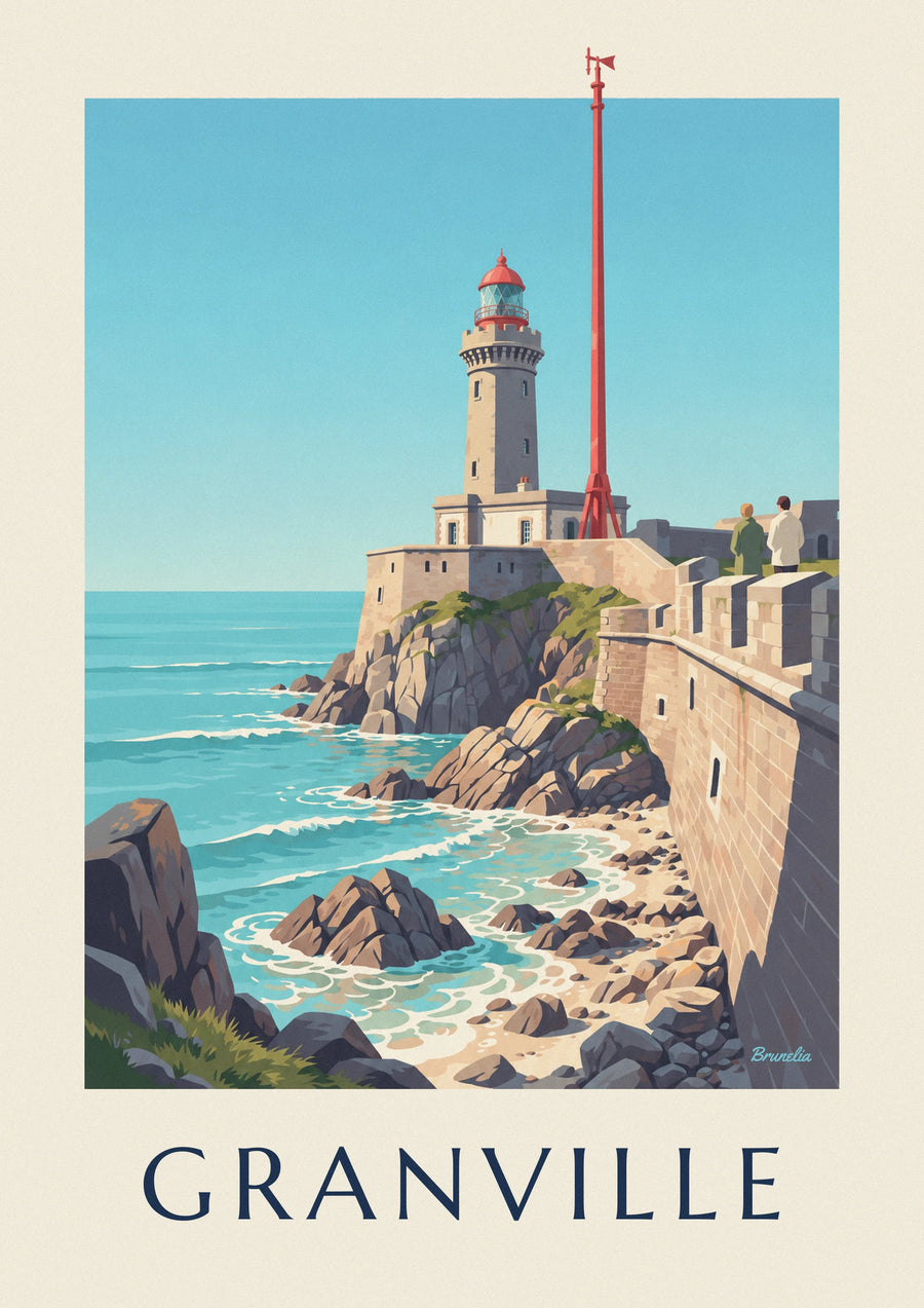 Poster weißer Leuchtturm mit roter Laterne auf den Felsen von Granville