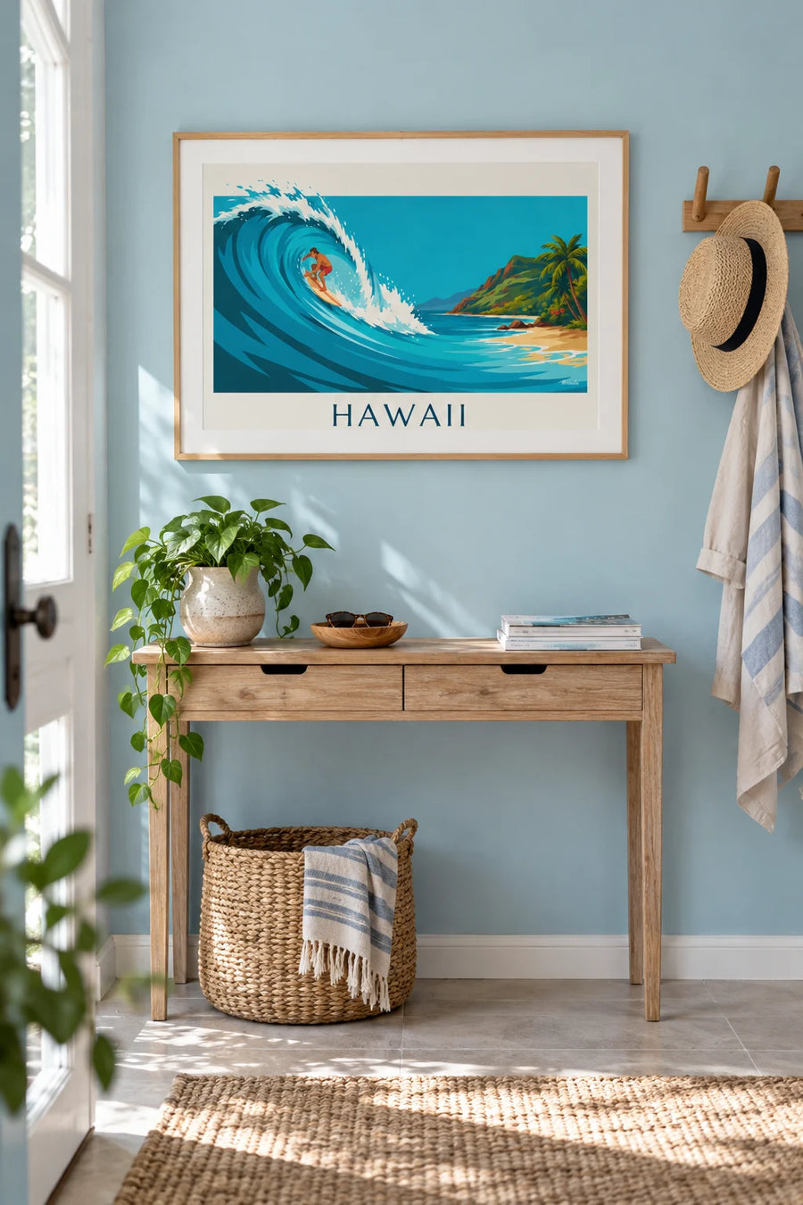 Affiche Hawaii avec surfeur et vague tropicale turquoise : encadrée au mur