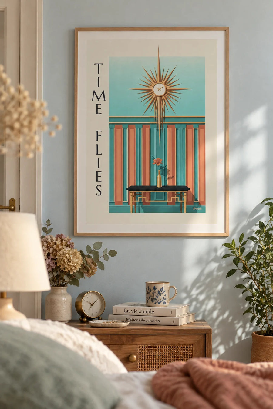 Poster of a geometric wall clock with sunburst rays: framed on the wall