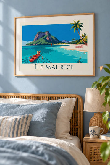 Poster lagune, kokospalmen en Le Morne Brabant op Mauritius: ingelijst aan de muur