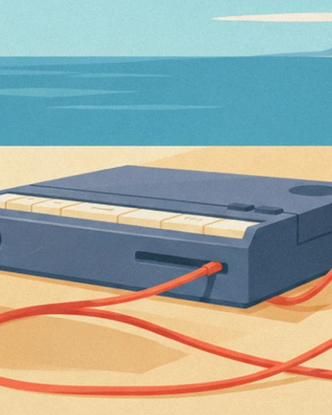 The midnight blue personal stereo with cream buttons and a red cable on the sand by the sea