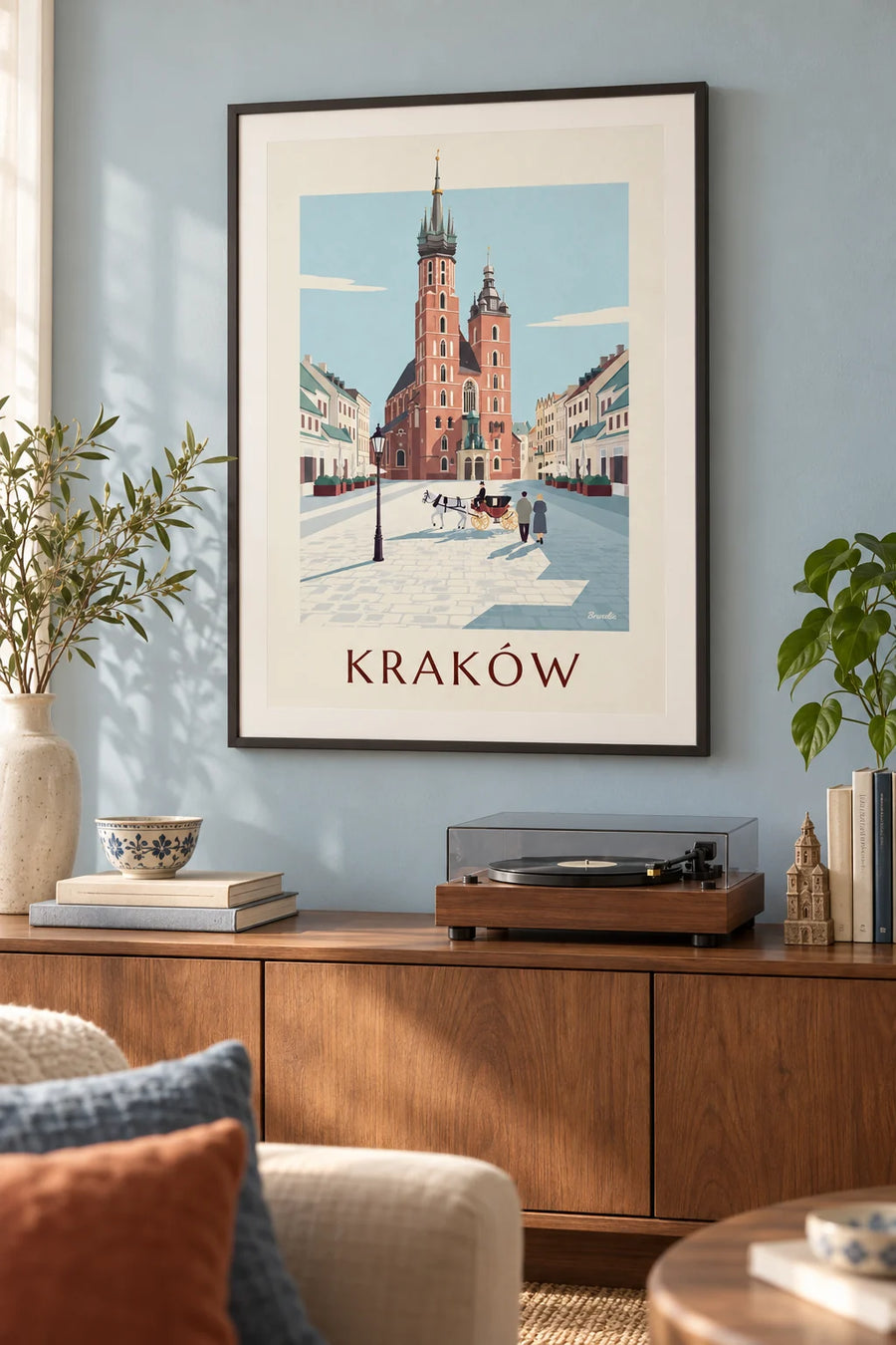 Poster Mariabasiliek en koets op het plein van Krakau: ingelijst aan de muur