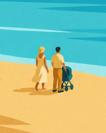 A couple with a pushchair on the golden sand, facing the turquoise sea