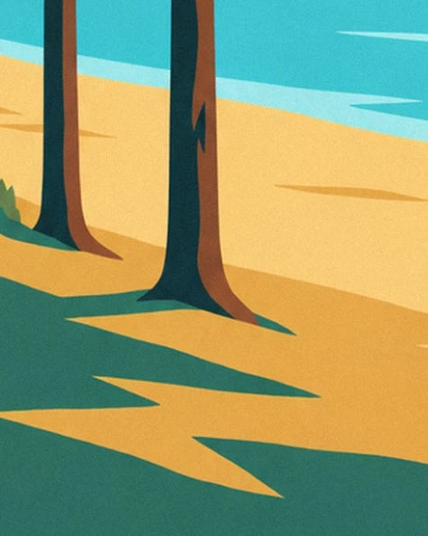 The brown pine trunks and their long green shadows on the golden beach