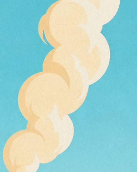 Swirls of cream and pale yellow smoke against the turquoise sky