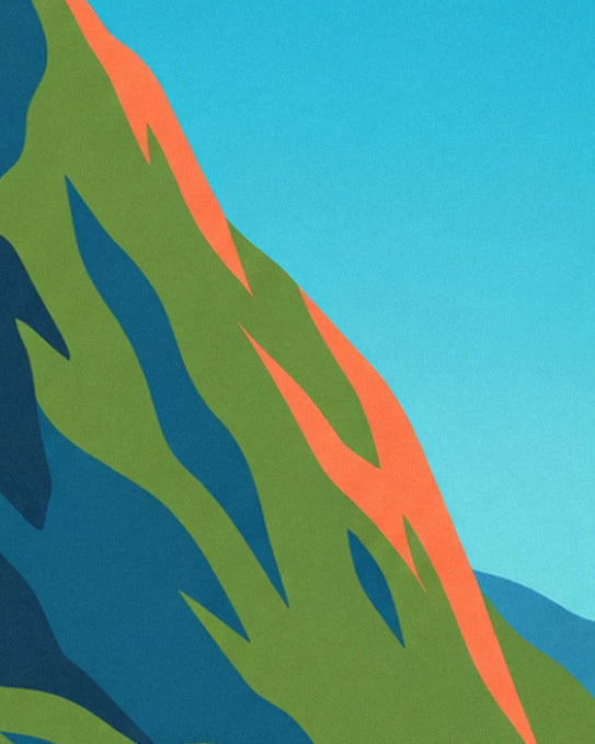 A green crest with sunlit orange ridges beneath a turquoise sky