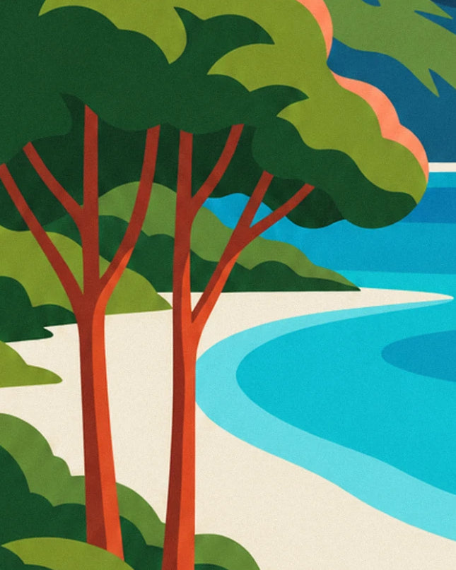 The 2 red tree trunks and their green foliage beside the beach and lagoon