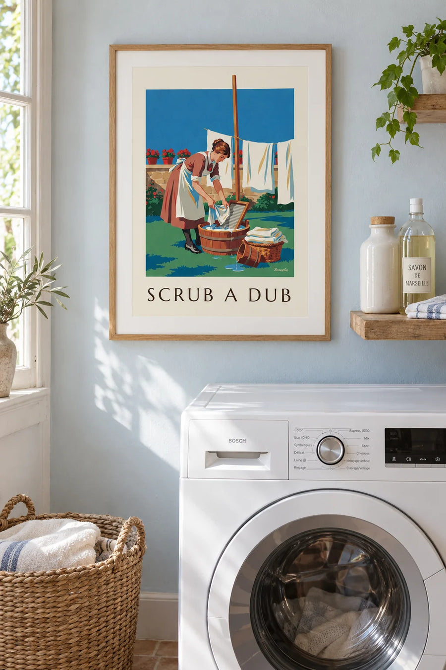 Poster Frau mit Waschbrett in einem sonnigen Hof: gerahmt an der Wand