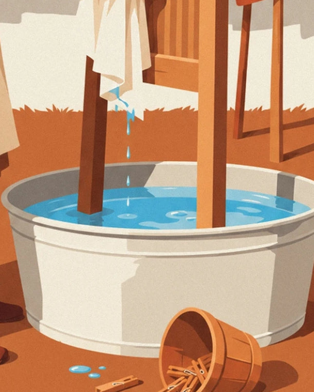 La bassine d’eau bleue sous le linge qui goutte, près du seau de pinces renversé
