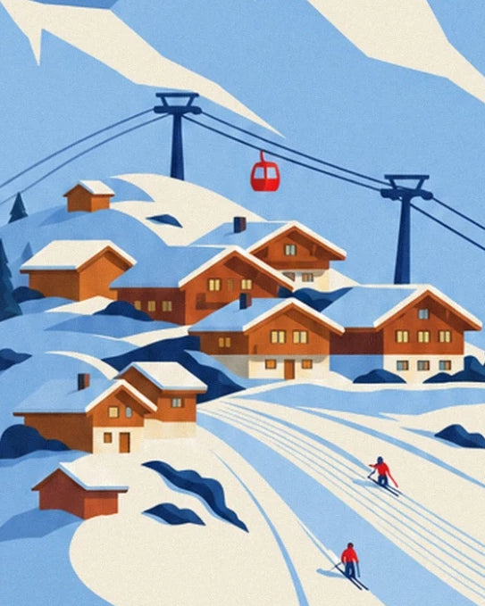 Die verschneiten Chalets des Skiorts, die Skifahrer und die rote Gondelbahn