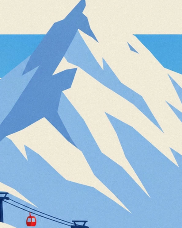 Die weiten verschneiten Hänge der Alpen in Blau und Weiß, über den Seilen