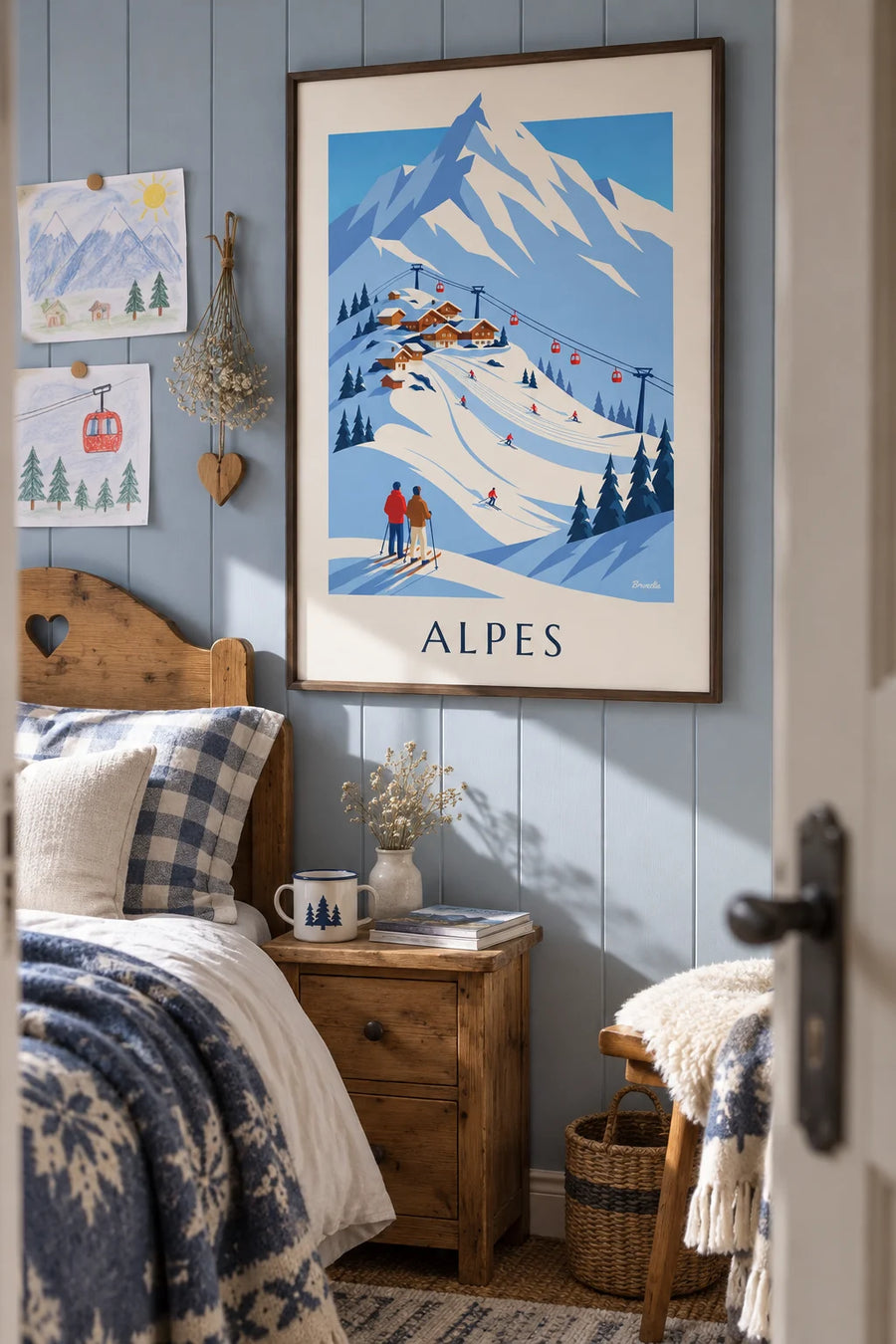 Poster Skigebiet in den französischen Alpen und Gondelbahn: gerahmt an der Wand
