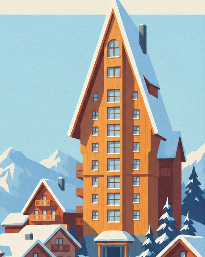 The tall orange wooden façade and its snowy roof among the chalets of Avoriaz
