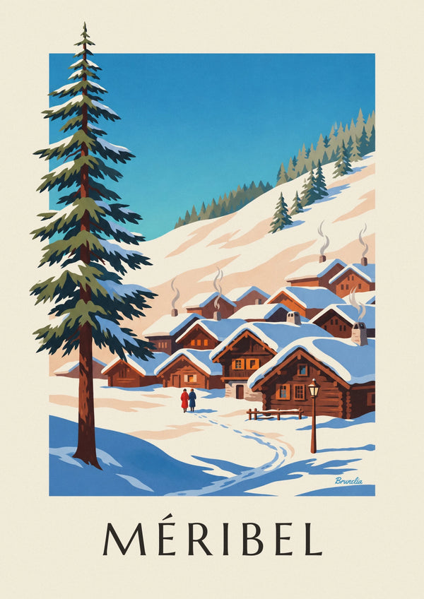 Affiche chalets en bois de Méribel sous la neige