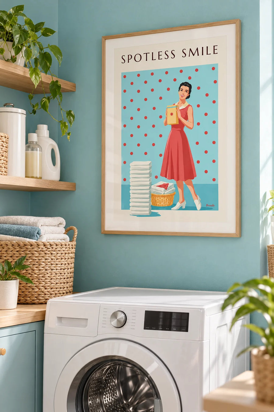Poster wasmiddel, lachende vrouw en achtergrond met stippen: ingelijst aan de muur