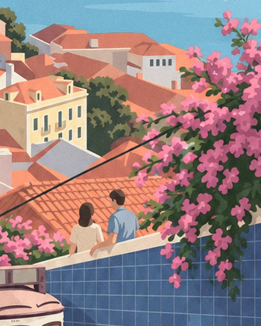 Le couple accoudé au mur d'azulejos, face aux toits de tuiles orange et aux fleurs roses