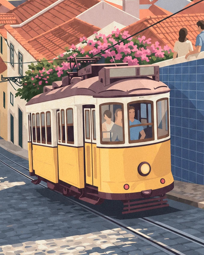 Le tramway jaune qui grimpe les pavés, sous les bougainvilliers roses et le mur d'azulejos bleus
