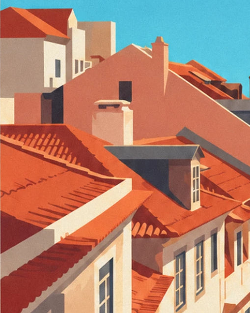 Orangefarbene Ziegeldächer und ihre graue Dachgaube unter dem blauen Himmel von Lissabon