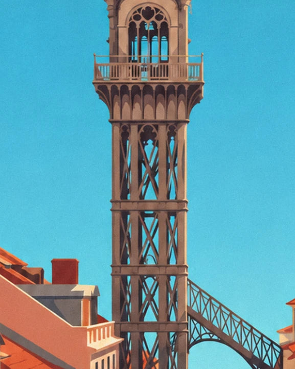 Der durchbrochene Eisenturm des Aufzugs und sein Balkon unter einem türkisfarbenen Himmel