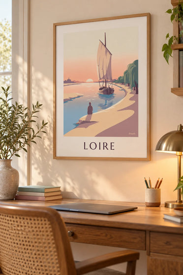 Poster gabare met vierkant zeil op de Loire bij zonsondergang: ingelijst aan de muur