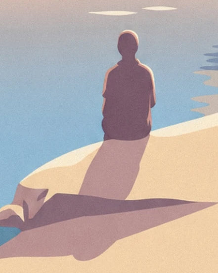 Eine Gestalt von hinten, neben dem blauen Wasser und den langen Schatten am Ufer