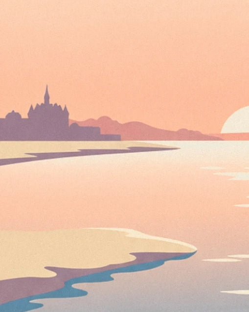Die Loire mit rosa Spiegelungen, Sandbänken und der fernen Skyline der Stadt