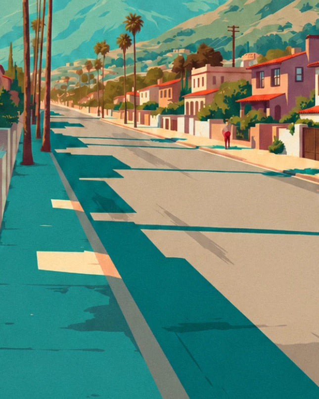 La rue de Los Angeles bordée de palmiers et de villas roses, avec un passant en rouge au loin