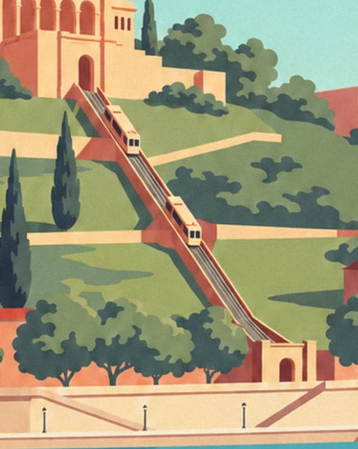 The funicular and its 2 carriages climbing the green hill, between cypresses and bushes